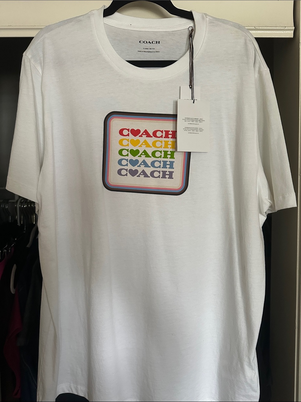 Coach White Short-Sleeve Tee with Rainbow Stack Logo